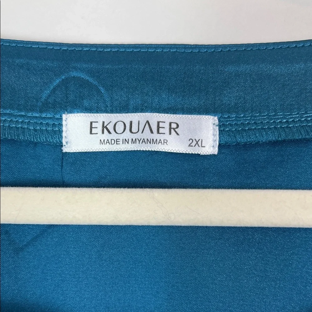 NWOT Ekouaer Women 2XL Satin Pajama Set Loungewear Teal Green - Picture 5 of 10